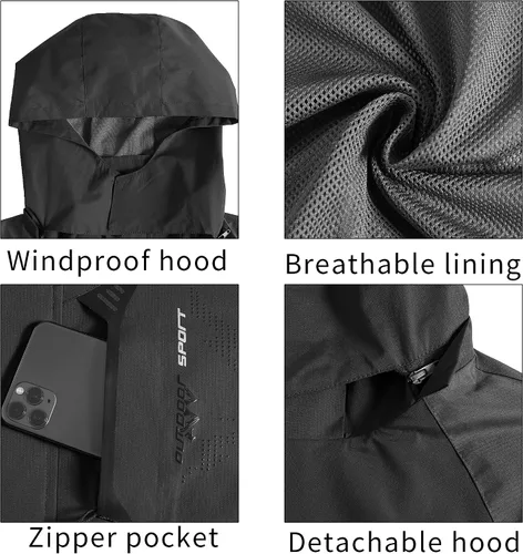Vista 4 de TEZO Chaqueta impermeable para hombre, con capucha, rompevientos ligera