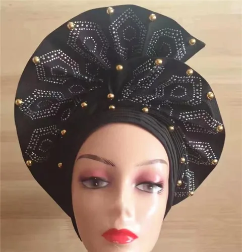 Vista 2 de Diadema de gel Nigeriano Aso Oke Auto con cuentas y piedras ya hechas africanas para mujer