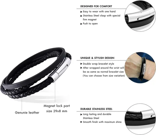 Vista 4 de 555Jewelry - Pulsera magnética de acero inoxidable con capas de cordón de cuero trenzado
