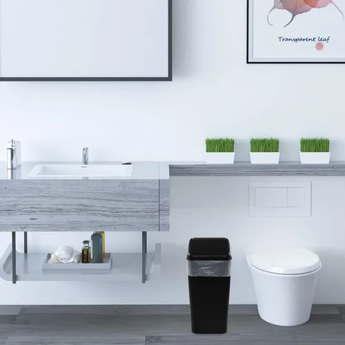Vista 5 de Paquete de 3 botes de basura de 4.5 galones con tapa abatible, color negro Plastic Swing Lid Trash Can, Slim Narrow Body, Perfect For Bathroom