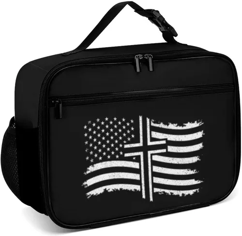 Vista 22 de Lonchera reutilizable con diseño a cuadros y negro y blanco con aislamiento, bolsa de almuerzo para comida y comida, bolsa de mano para mujeres
