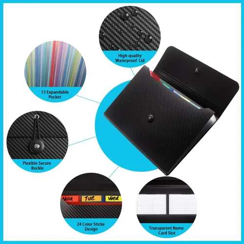 Vista 3 de Carpeta de archivos expandible con 13 bolsillos, carpeta de archivo de acordeón para documentos, organizador estético de papel negro