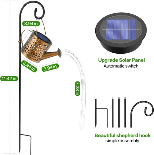 Vista 4 de Luces Solares de Regadera Impermeables, Luces Solares Decorativas para Exteriores Decoración de Jardín Luces Colgantes de Metal para Exteriores