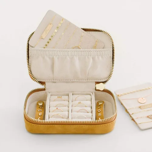 Vista 2 de Estuche de joyería de viaje caja organizadora de joyas de cuero con cremallera para niñas y mujeres regalo con collar de terciopelo aretes soporte