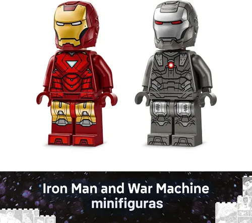 Vista 5 de LEGO Marvel Iron Man & War Machine vs. Hammer Drones Juguete de construcción – Juego de simulación con 2 minifiguras de juguete – Bloques