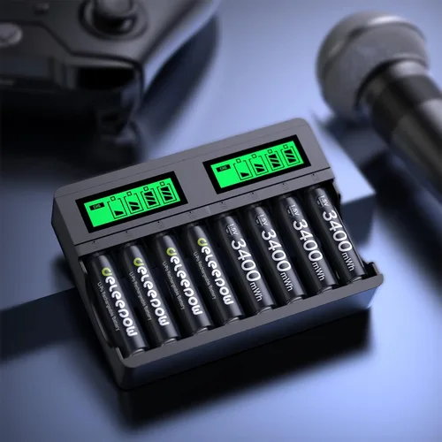 Vista 8 de Deleepow 8 pilas AA recargables de 3400 mWh con cargador, baterías de litio de 1.5 V AA de 1500 ciclos precargados