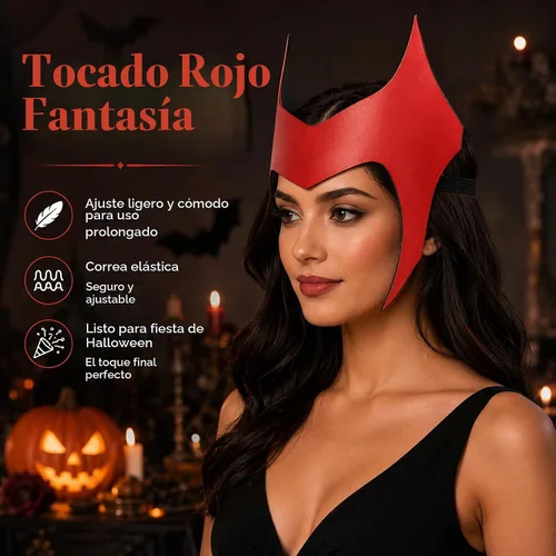 Vista 6 de Wanda - Máscara de corona de bruja escarlata, accesorio para disfraz de Piel sintética, correa trasera elástica, color rojo, accesorio ligero Rojo