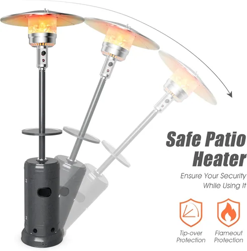 Vista 4 de COSTWAY - Calentador de patio de 50,000 BTU con propano, con estante para bebidas en la mesa, ruedas, sistema de encendido simple y depósito