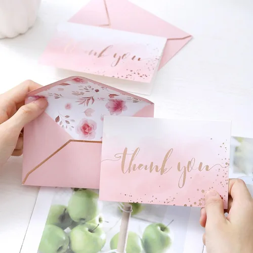 Vista 4 de Winoo Design Tarjetas de agradecimiento de color oro rosa y rosa resistentes con sobres, paquete de 36, tarjetas de agradecimiento de despedida
