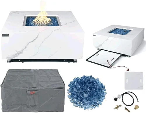 Vista 56 de Elementi+ Mesa de Fuego de Gas Colorado de Hormigón Fundido de 56" Rectangular, Hoguera al Aire Libre con Ignición Electrónica Incluye Cubierta