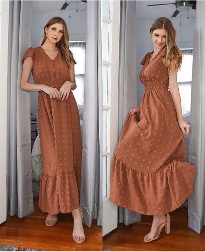 Vista 4 de PRETTYGARDEN - Vestido bohemio de manga corta con cuello en V y plumetí con volantes vestido maxi fruncido de cóctel