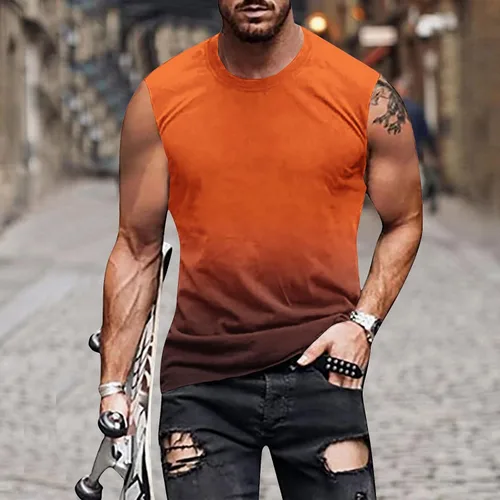 Vista 2 de Camisas hawaianas para hombre, ajuste clásico, cuello redondo, sin mangas, color degradado, camiseta sin mangas para verano, camiseta muscular casual