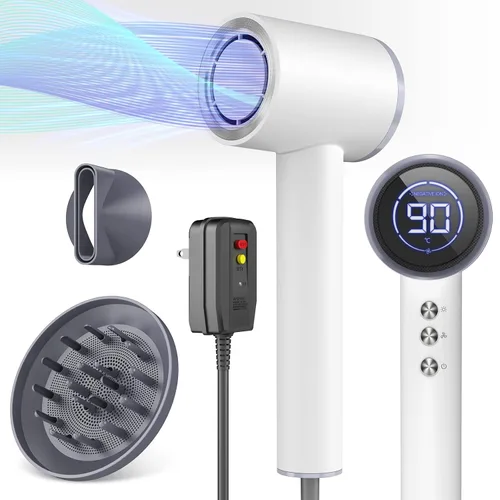 Vista 9 de Secador de pelo iónico de 1600 W con pantalla LED y boquilla magnética, portátil para mujeres, viajes, salón, hogar, blanco crema, HC03