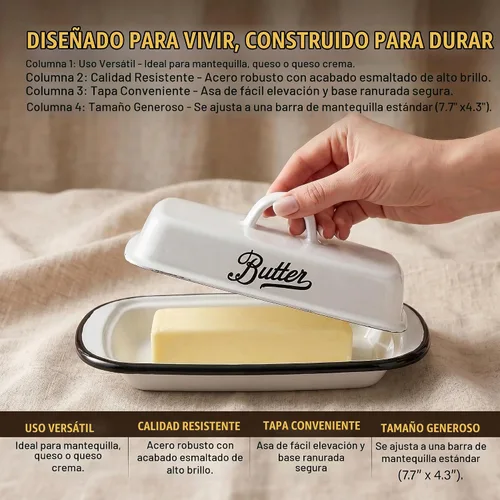 Vista 5 de Mantequillera esmaltada con tapa, bandeja de mantequilla blanca esmaltada vintage, soporte para mantequillas de borde negro, recipiente