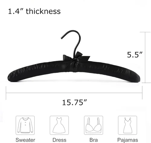 Vista 2 de Paquete de 5 perchas acolchadas de satén negro para suéter, colgador de blusa con espuma gruesa y suave para lencería de vestido de novia, colgador
