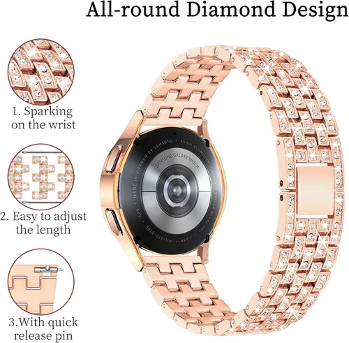 Vista 2 de Correa de diamantes compatible con Samsung Galaxy Watch 4 y 5, correa de 1.575 pulgadas con protector de pantalla, 0.787 pulgadas de liberación Oro