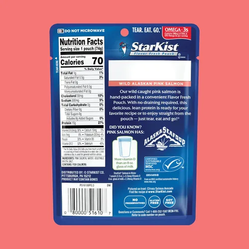 Vista 2 de StarKist Salmón rosado sin piel y sin hueso en agua, bolsa de 2.6 onzas 0.53 oz de proteína por porción, capturado en la naturaleza, sin gluten