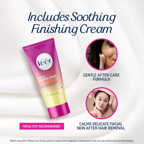 Vista 4 de Crema de depilación facial Veet de 3 minutos para mujeres, crema depilatoria con aloe vera orgánico, kit de depilación facial para mujeres de 2