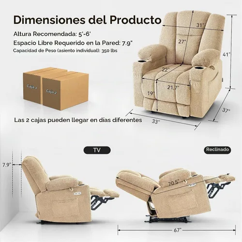 Vista 3 de MCombo Zero Gravity Silla Reclinable Eléctrica con Masaje de Calor y Vibración, Silla Reclinable con Puertos USB y Tipo C, Portavasos para Sala