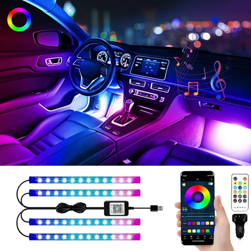 Vista 7 de YM E-Bright Tiras de luces LED RGB para automóvil con control de aplicación, mando a distancia inteligente, interior de neón debajo del salpicadero