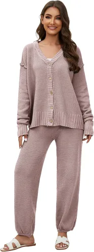 Vista 6 de Lauweion Women's Two Piece Sweater Sets Knit Open Front Cardigan and Wide Leg Pants Fall Lounge Outfits