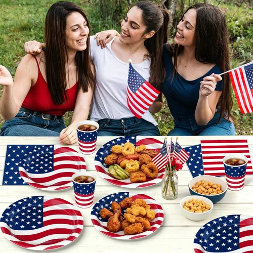 Vista 8 de 96 Pcs 4th of July Party Supplies Set, 250th Anniversary American Flag Patriotic Plates Napkins Cups, Disposable Red White Blue Star and Striped