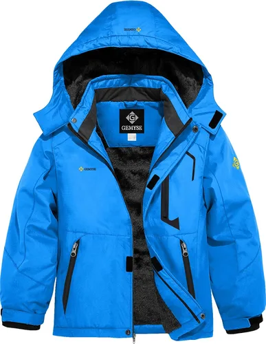 Vista 14 de GEMYSE - Chaqueta de esquí impermeable con capucha y forro polar, resistente al viento, para niño Verde Aqua