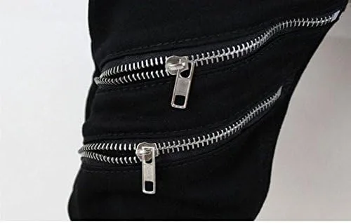 Vista 5 de Casual Mens Punk Skinny Black Denim Jeans Pantalones con Cremalleras