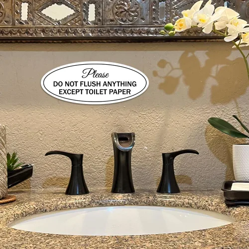 Vista 6 de Signs ByLITA Letrero ovalado con texto en inglés «Please Do Not Flush Anything Except» (Negro), tamaño pequeño