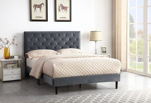 Vista 7 de Base de cama de plataforma tapizada completa con cabecero ajustable de 48 pulgadas de alto, cama de terciopelo de gamuza copetuda con botones