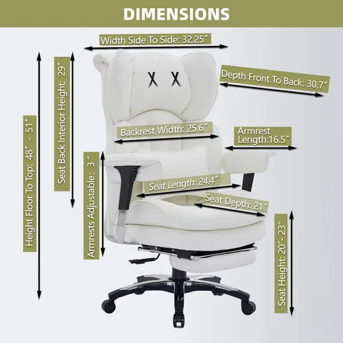 Vista 2 de Efomao Silla de oficina blanca grande y alta con reposapiés, silla ergonómica de respaldo alto para computadora con reposabrazos ajustables, asiento
