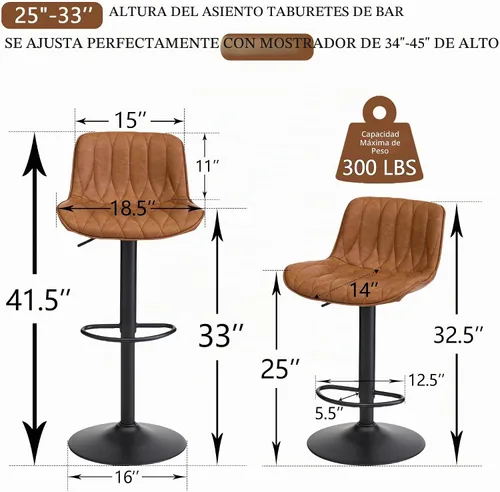 Vista 2 de FIRAVOE Juego de 3 taburetes de bar giratorios, taburetes de bar de altura de mostrador marrón con respaldo, taburete de bar ajustable de 25 a 33