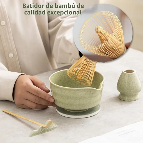 Vista 2 de Ochcahser Set de Té Matcha Japonés, Tazón de Matcha con Pico y Base, Batidor de Matcha con Soporte, Colador, Cuchara, Cucharón, Cepillo de Limpieza