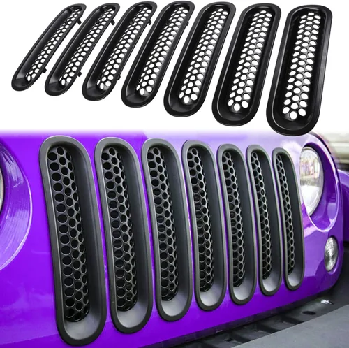 Vista 11 de 7 piezas de insertos de malla para parrilla frontal para Jeep Wrangler JK JKU Unlimited 2007 2008 2009 2010 2011 2012 2013 2014 2015 2016 2017 2018