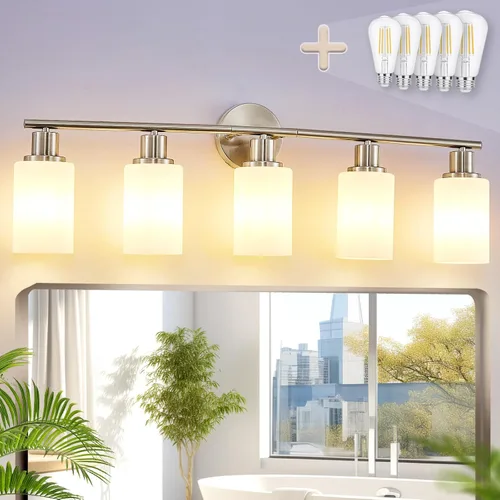 Vista 18 de [Usado] DLLT Lámparas de Baño de 3 Luces: Luces de Tocador Modernas de Níquel con Bombillas E26 - Lámpara de Pared de Baño con Pantalla de Vidrio