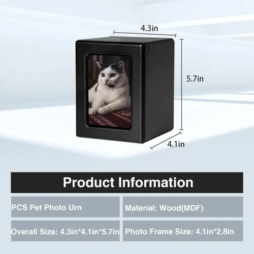 Vista 3 de PCS Urnas de mascotas para gatos, urna de foto de gato, urnas de gato para cenizas, caja de cremación para mascotas, color negro, pequeña