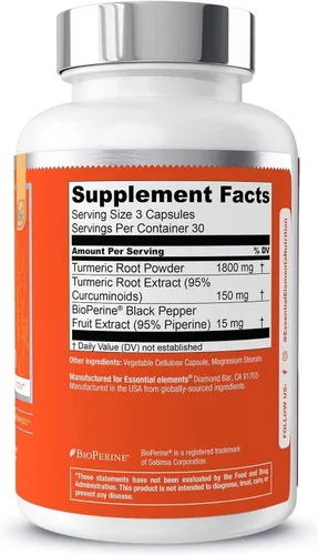 Vista 6 de Essential Elements Curcumina de cúrcuma - Soporte para articulaciones, corazón y cerebro - con BioPerine para una absorción óptima 1950 mg - 90