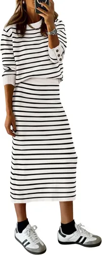 Vista 23 de PRETTYGARDEN - Conjunto de falda de suéter a rayas de 2 piezas para mujer Rayas de albaricoque