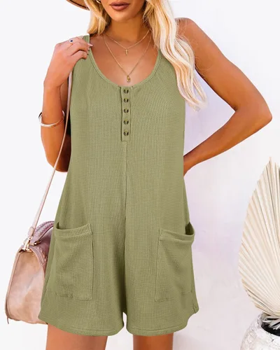 Vista 2 de Overol para mujer, sin mangas, con botones, tela de gofre, trajes de vacaciones de verano para mujer