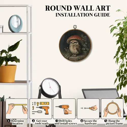 Vista 5 de JUIOEIU Decoración de pared redonda de búho de hongo con núcleo de cabaña, impresiones en lienzo enmarcadas con diseño de búho lluvioso oscuro