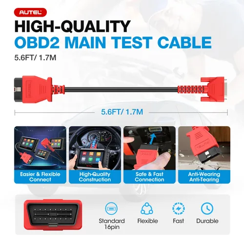 Vista 3 de Cable de prueba principal OBD2 Autel, original de 5.6 pies/1.7 metros, conector de prueba de diagnóstico OBDII de 16 pines DB15 compatible con serie