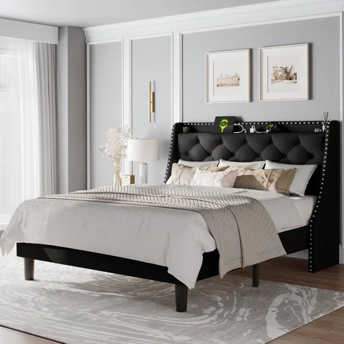 Vista 9 de Feonase - Base de cama tamaño completo con respaldo de alas de lujo y estación de carga rápida, base de cama tapizada con botones y cabecera