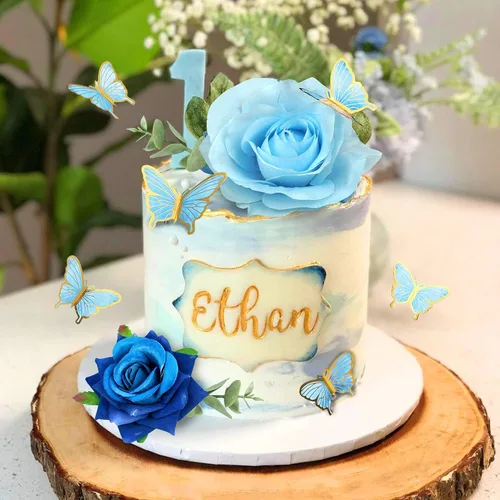Vista 3 de 19 piezas de decoración de mariposa para pasteles, decoración de feliz cumpleaños con rosas artificiales azules, mariposas de eucalipto, suministros