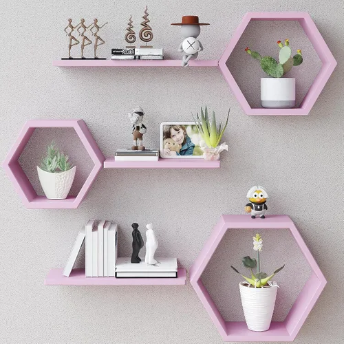 Vista 10 de Estantes flotantes hexagonales de madera para montar en la pared, juego de 6 estantes hexagonales de madera de pino para fotos, plantas, estantes