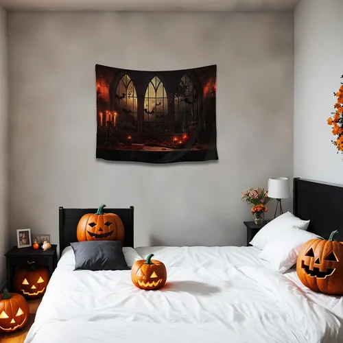 Vista 2 de QGHOT Tapiz de Halloween para colgar en la pared, tapiz de castillo de terror con ventana gótica, fondo espeluznante medieval, tapices