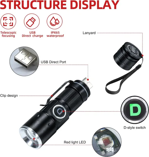 Vista 2 de DARKDAWN Linterna de Luz Roja Recargable USB, Mini Linternas LED de Luz Roja Enfoque Ajustable, Linterna Portátil con Clip de Bolsillo para Pesca