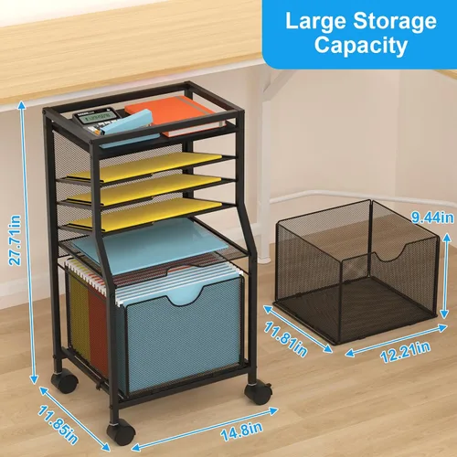 Vista 2 de BOHDK Carrito de archivos rodante, organizador de archivos de escritorio de 6 niveles con ruedas con cerradura, tablones de madera negra y cajón