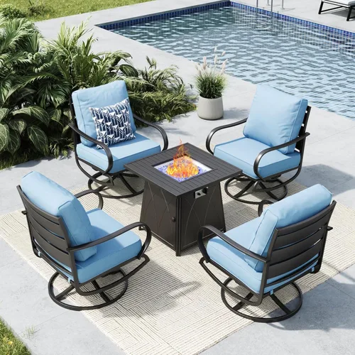 Vista 15 de MFSTUDIO Juego de 4 piezas de conversación para patio, marco de metal para todo tipo de clima, muebles de exterior con 1 mesa rectangular de propano