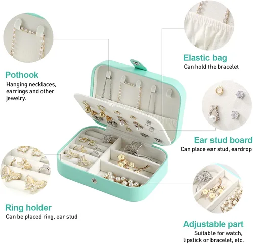 Vista 2 de YKUNIR Joyero pequeño de viaje, de piel sintética, organizador de joyas de doble capa, portátil, mini joyero para anillos, aretes, collares (verde)