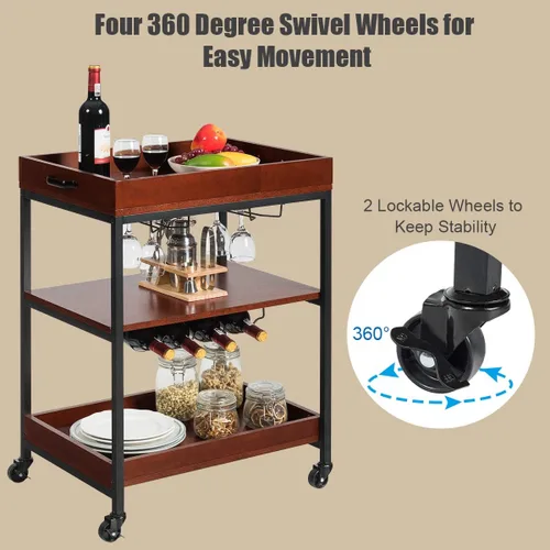Vista 4 de Giantex Carrito de isla de cocina, carrito de estilo industrial con ruedas de 3 niveles, carrito de servicio, soporte de cocina de madera
